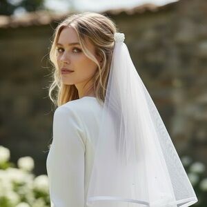 Wedding Veil White Pearls Satin Trim NEW